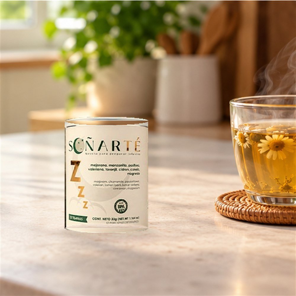 Lata de Soñarté en una encimera de cocina con una taza de infusión