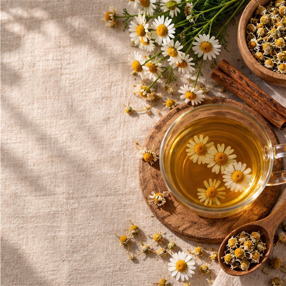 Flores de manzanilla, canela y una taza de infusión, ingredientes de Soñarté