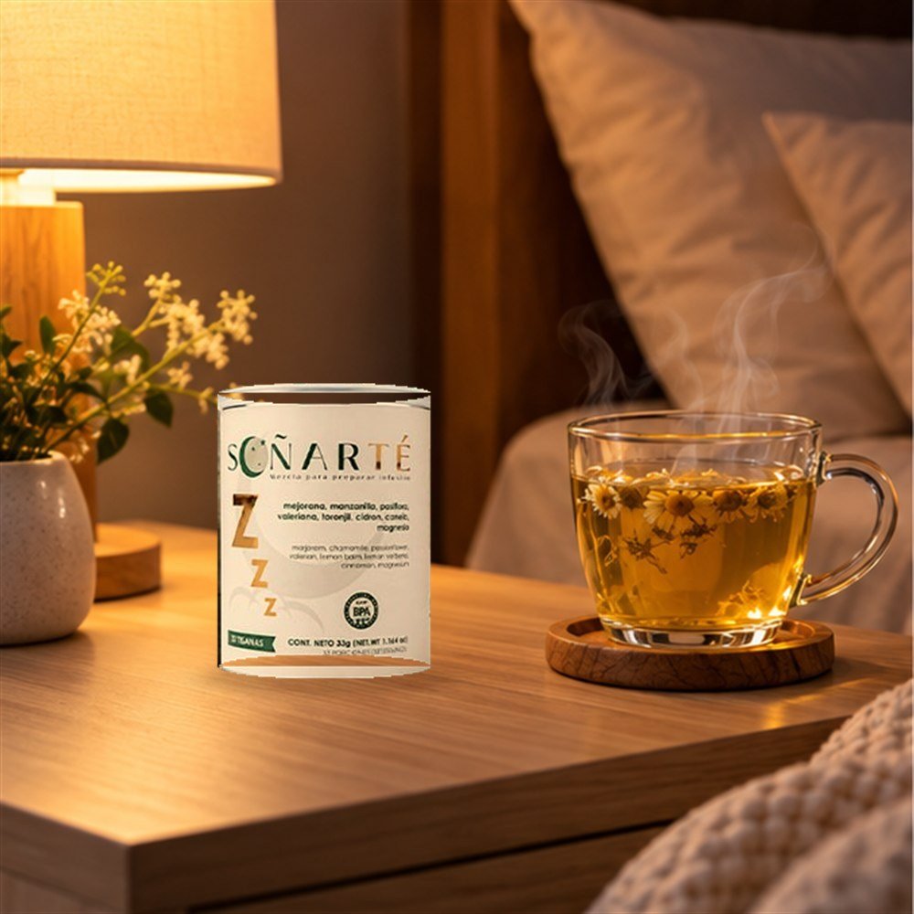Lata de Soñarté en una mesita de noche junto a una taza de infusión de manzanilla